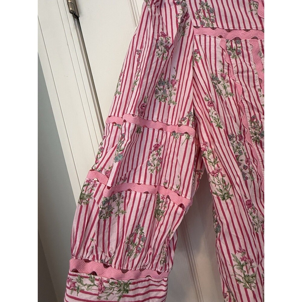 Entro Medium Pink Floral Stripe Cotton Ruffle Bell Sleeve Blouse Top EUC - Picture 4 of 11